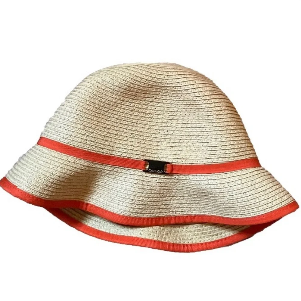 Summer Beach Designer Calvin Klein Straw Fedora Hat One Size Natural Orange NEW